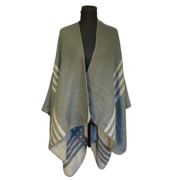 BB Dakota Reversible Poncho Cape Gray Stripe Open Drape Front One Size - Picture 1 of 5
